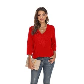 Damen Boho-Hemd Bestickt Blumen Bohemien Lässig Dreiviertelarm Ellbogenärmel V Ausschnitt Normale Oberteile Täglich Arbeit Ausgehen Schwarz Rote Purpur Sommer