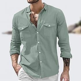 Homme Chemise Chemise en lin Chemise d'été Tenue de plage Chemise Boutonnée Couleur Unie Vacances Rue Blanche Vert Kaki Bleu clair manche longue Col Rabattu Ét