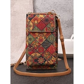 Women's Vintage Boho Phone Crossbody Bag with Adjustable Strap, Faux Leather Small Purse with Multicolor Patchwork Print, Ideal for Travel, Festivals, Daily Er