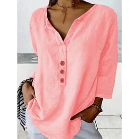 Women's Shirt Linen-feel Shirts Blouse Cotton Shirt Buttons Solid Color Stylish Casual 3/4 Length Sleeve Crew Neck Regular Tops Daily Black White Pink Navy Blu