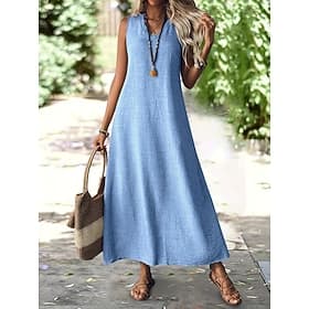 Femmes Robe maxi Robe trapèze Robe d'été Occasionnel Quotidien Coupe Ample Uni Sans manches Col en V Noir Rouge Bleu Abricot Été