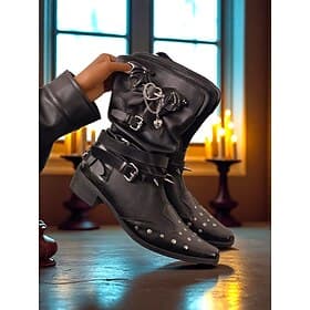 Women's Black Punk Gothic Ankle Boots with Bat and Cross Details - Spiked and Studded Design, 1980s Alternative Fashion, Ideal for Nightlife Events, Halloween