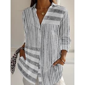 Women's Shirt Buttons Print Striped Active Daily Stylish Long Sleeve Shirt Collar Regular Tops Daily Holiday Blue Pink Gray Spring Fall