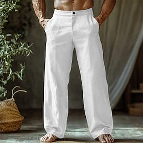 Men's Linen Pants Trousers Summer Pants Beach Pants Buttons Pocket Straight Leg Plain Comfort Breathable Vacation Daily Holiday Hawaiian Boho Black White