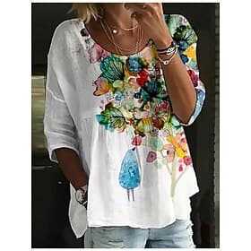 Damen Bluse Druck Blumen Stilvoll Dreiviertelarm Rundhalsausschnitt Normale Oberteile Täglich Ferien Blau Weiß Rote Königsblau Orange Sommer