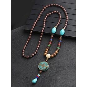 Men's Tribal Beaded Pendant Necklace – Handmade Ethnic Wooden Beads with Turquoise Accents, Bohemian Style for Casual Wear, Yoga, Meditation or Festival Outfit