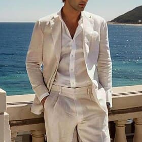 Pour des hommes Costumes en lin Mariage à la plage Beige Été Costume / Tailleur Revers Cranté Léger Occasionnel Couleur Unie Coupe Standard 2 pièces Simple bou