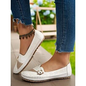 Women's White Perforated Moccasin Loafers with Flower Detail – Soft Casual Flats for Garden Strolls, Driving and Everyday Comfort