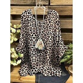 Damen Hemd Druck Leopard Stilvoll Dreiviertelarm Rundhalsausschnitt Normale Oberteile Täglich Ferien Purpur Fuchsie Braun Sommer