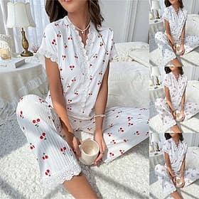 Femmes Ensemble Pyjama Occasionnel Confort Fleuri Papillon Patchwork Taille Élastique Chemise Pantalon Maison Quotidien Manche Courte Col en V Rose Claire Blan