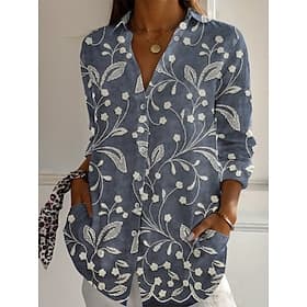 Mujer Camisa Botones Estampado Floral Activo Diario Elegante Manga Larga Cuello Camisero Tops regulares Diario Festivos Gris Primavera Otoño