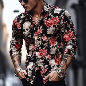 Men's Skull Day of the Dead Rose Shirt Button Up Shirt Casual Dress Shirt Long Sleeve Dark Gothic Style Vacation Daily Streetwear Summer Spring Turndown 3D Pri