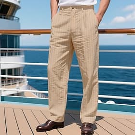 Men's Linen Pants Trousers Summer Pants Stripe Straight Leg Plain Comfort Breathable Full Length Casual Daily Holiday Fashion Streetwear Black White