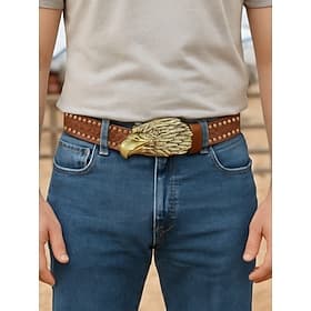 Men's Eagle Head Buckle Western Belt – Vintage Embossed Faux Leather Belt with Stud Details for Cowboys, Outdoor Events and Country Style
