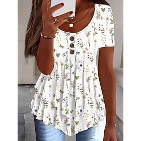 Damenbluse Peplum Floral Stilvoll Lässig Kurzarm Rundhals Reguläre Tops Täglich Rüsche Knöpfe Druck Weiß Rosa Rot Marineblau Blau Sommer Frühling