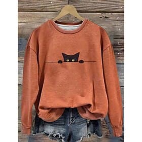 Sweat-shirt Femme Chat Noir Graphique Animal Chat Mode Décontractée Long Manches Col Ronde Tops Quotidien Ville Imprimé Casual Blanc Rose Orange Beige Gris Aut