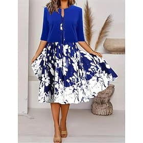 Set di abiti da donna a due pezzi abito midi con giacca abito elegante a linea maniche a ¾ casual semi formale stampa floreale ombre scollo rotondo data blu re