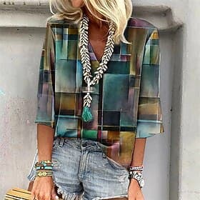 Women's T Shirt Summer Tops Print Color Gradient Fashion Modern 3/4 Length Sleeve V Neck Regular Tops Daily Blue Yellow Pink Summer