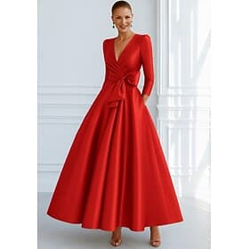 Ligne A Longueur au sol Robe de Soirée Tenue de soirée Élégant Soyeux Manche 3/4 Col en V Mariage Formel Poche Satin Extensible avec Noeud(s)