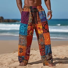 Men's Color Block Patchwork Ethnic Trousers Casual Pants Baggy Pants Mid Waist Vintage Retro Outdoor Vacation Elastic Drawstring Waist Linen-Like Pants with Po