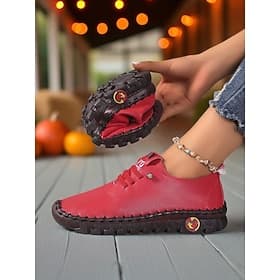 Women's Red Soft Faux Leather Moccasin Loafers – Flexible Slip-On Comfort Walking Shoes for Casual Outings, Travel and Weekend Shopping