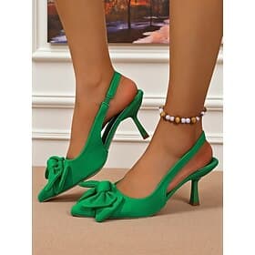 Women's Green Satin Bow Slingback Heels - Elegant Pointed Toe Stiletto Pumps for Ladies, Perfect for Parties, Weddings, and Evening Events