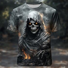 Men's Skull 3D Reaper T Shirt Short Sleeve T shirt 3D Print Crew Neck Shirt Exaggerated Designer Horror Party Street Holiday Black 1 Black Gray Summer Spring A