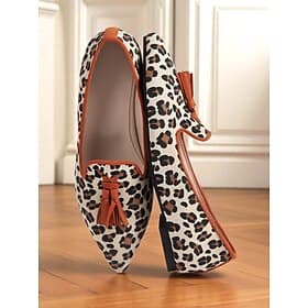 Women's Leopard Print Tassel Flats - Retro Style Pointed Toe Shoes with Orange Trim and Block Heel for Daily Wear  Casual Outings