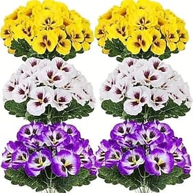 6/12 Bundles Artificial Fake Pansy Flowers for Outdoor, Faux UV Resistant Silk Pansies Flowers for Outside Planter Front Door Porch Yard Patio Window Box Home