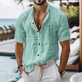 Herren Leinenhemd Freizeithemd Baumwoll-Leinen-Hemd Knopfhemd Glaube Strand Urlaub Schwarz Weiß Hellgrün Rosa Kurzarm Revers Ganzjahres Bekleidung Schnalle