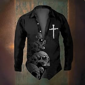 Men's Cross Costumes Skulls Shirt Button Up Shirt Long Sleeve Dark Gothic Style Holiday Streetwear Summer Spring Turndown 3D Print Collared Shirts Black
