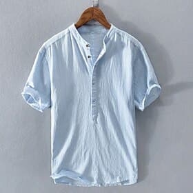 Men's Shirt Linen Shirt Popover Shirt Summer Shirt Beach Wear Solid Color Vacation Street White Navy Blue Blue Short Sleeve Band Collar Summer Spring Clothing