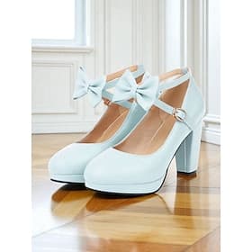 Women's Light Blue Platform Mary Jane Heels - Vintage 1950s Lolita Style Chunky Block Heels with Bow Ankle Strap, Perfect for Weddings, Cosplay and Elegant Eve