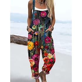 Damen Latzhose Aktiv Blumen Ärmellos Haremshose Kordelzug mit Tasche Täglich Strand Lässiger Schnitt Schwarz Weiß Purpur Sommer