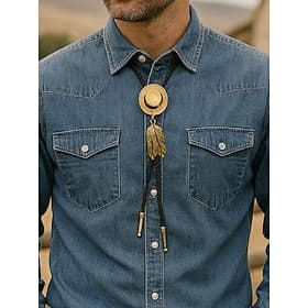 Men's Western Cowboy Hat Bolo Tie – Alloy Feather Pendant Leather Rope Necklace for Rodeo, Country Party  Denim Outfit