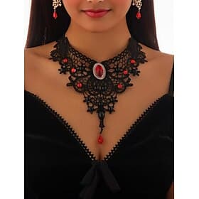 Women's Gothic Lace Choker Necklace - Black Vintage Victorian Style with Red Gemstone and Beaded Details, Elegant Statement Jewelry for Gothic Parties and Cosp