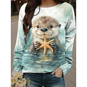 Women's Sweatshirts Print Graphic Animal Casual Long Sleeve Crew Neck Regular Tops Street Dailywear Blue Brown Green Fall Winter