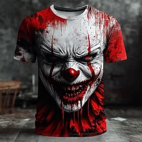Men's Creepy Clown 3D Clown T Shirt Short Sleeve T shirt 3D Print Crew Neck Shirt Exaggerated Designer Horror Party Street Casual Red Black Gray Gray Summer Sp