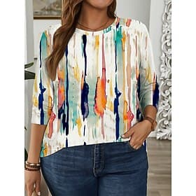 Women's Plus Size Tops T Shirt Graphic Geometry Print Long Sleeve Crew Neck Casual Daily Polyester Fall Winter Blue White