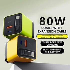Latest GaN Technology80W 3-Port Rapid Charger with Retractable Cable - Ultra Compact - Cold Sensitive Touch Control - Support PD/QC 3.0 Suitable for iPhone 16/