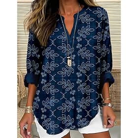 Women's Shirt Buttons Print Floral Vintage Daily Casual Long Sleeve V Neck Regular Tops Daily Holiday Black Navy Blue Spring Fall