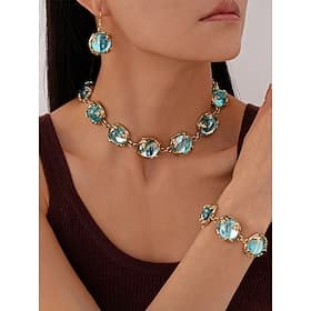 Women's Vintage Gold-Plated Choker Necklace with Matching Blue Crystal Bracelet and Drop Earrings - Elegant Statement Jewelry for Party, Cocktail and Evening E