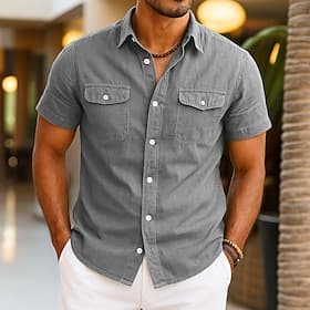 Herren Hemd Leinenhemd Sommerhemd Strandhemd Einfarbig Urlaub Kreuzfahrt Grün Hell Gray Leicht Blau Kurzarm Umschlagkragen Sommer Frühling  Sommer Bekleidung T