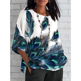 Femmes Chemise Imprimé Plume Quotidien Occasionnel Manche 3/4 Col ras du cou Hauts Réguliers Quotidien Fête Bleu Blanche Rose Claire Été Printemps Automne