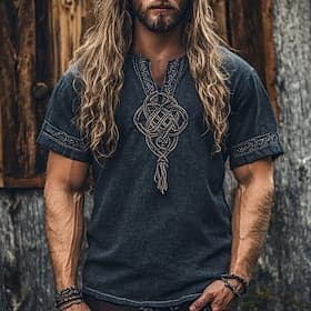 Men's Shirt Casual Shirt Viking Streetwear Vacation Dark Blue Short Sleeve V Neck Summer Spring Clothing Apparel Ethnic