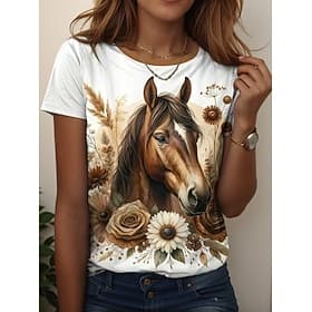 Women's T Shirt Print Graphic Animal Horse Vintage Stylish Classic Short Sleeve Crew Neck Round Neck Regular Tops Daily Weekend Blue Black White Dusty Blue Sum
