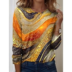 T-shirt femme à manches longues col rond tunique ombre graphique texture vintage stylée moderne col rond tops réguliers impression quotidienne bleu violet oran
