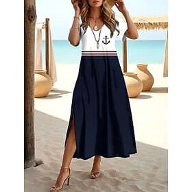 Damen Maxikleid Shiftkleid Sommerkleid T-Shirt-Kleid Bohemien Strand Party Ferien Formpassend Grafik Geometrisch Vintage Kurzarm Rundhalsausschnitt Marineblau