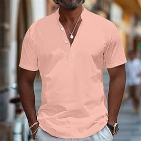 Homme Chemise Chemise en lin Chemise popover Chemise d'été Tenue de plage Chemise à col officier Uni Vêtements de rue Vacances Bleu Blanche Rose Claire Kaki Ma