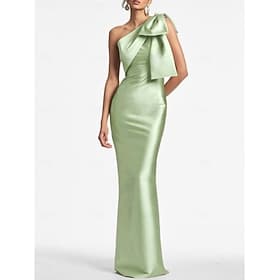 Mermaid Trumpet Ankle Length Prom Dresses Evening Gown Ball Gown Formal Dress Elegant Sleeveless One Shoulder Formal Wedding Guest Satin with Bow(s) Slit